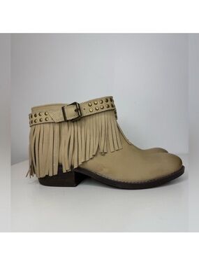 Naughty Monkey Tan Leather Amigo Studded Fringe Ankle Boot Women’s Size 9